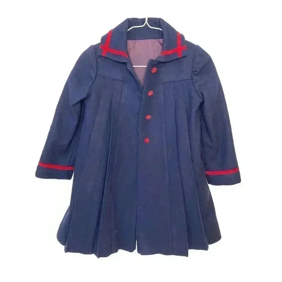 Rothschild Other - Girls Vintage 6x Rothschild Navy Wool Dress Coat Red Velvet Trim Complete W/ Tie